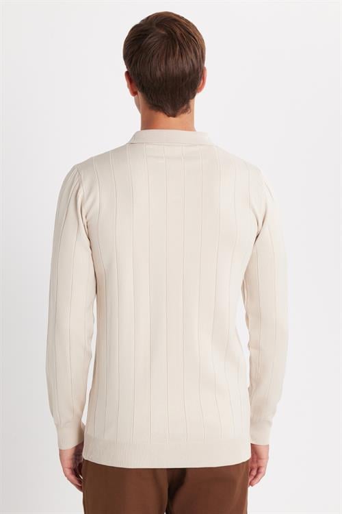Erkek Slim Fit Dar Kesim Uzun Kol Polo Yaka Çizgili Taş Kazak
