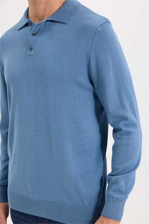 Erkek Standart Fit Normal Kesim Pamuklu Polo Yaka İndigo Kazak