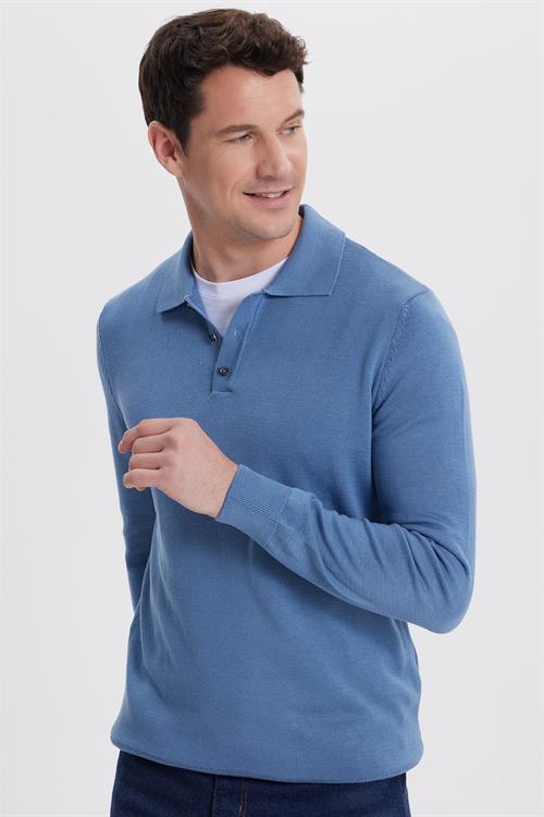 Erkek Standart Fit Normal Kesim Pamuklu Polo Yaka İndigo Kazak
