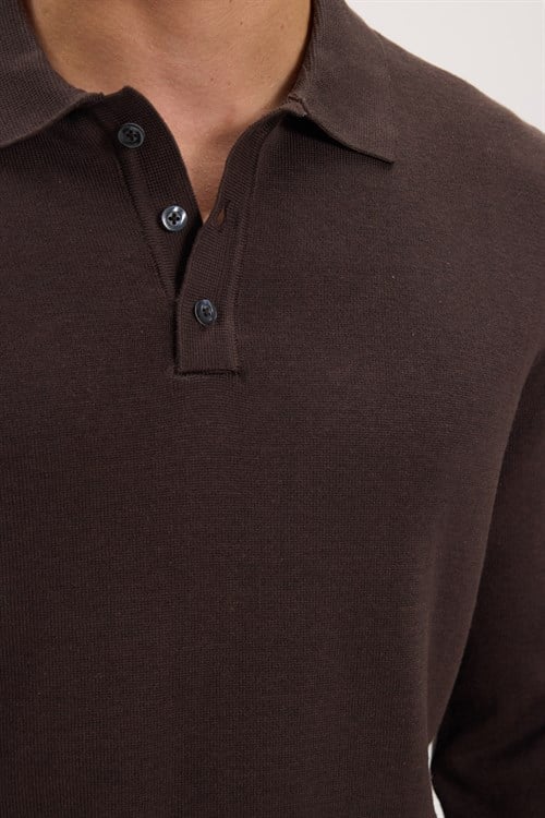 Erkek Standart Fit Normal Kesim Pamuklu Polo Yaka Kahverengi Kazak