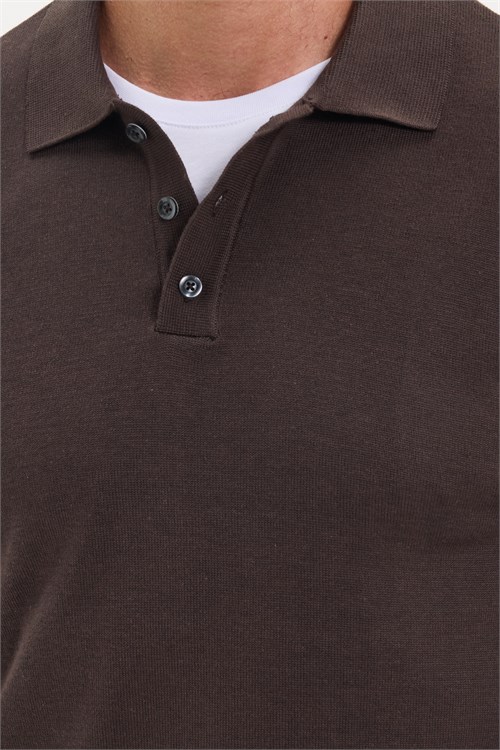 Erkek Standart Fit Normal Kesim Pamuklu Polo Yaka Kahverengi Kazak