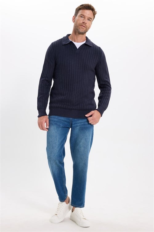 Erkek Standart Fit Normal Kesim Polo Yaka Lacivert Kazak