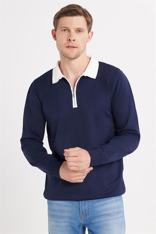 Erkek Standart Fit Uzun Kol Yarım Fermuarlı Polo Yaka Lacivert Kazak