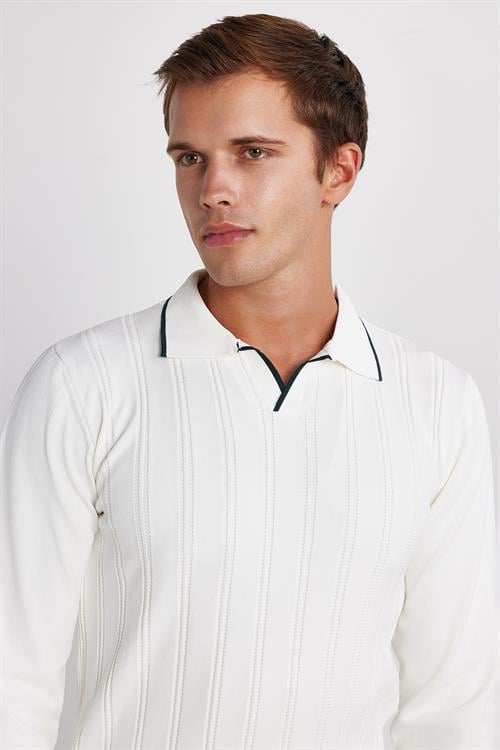 Erkek Slim Fit Dar Kesim Çizgi Detaylı Beyaz Polo Yaka Kazak