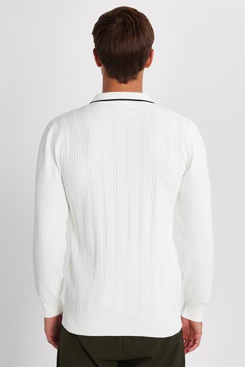 Erkek Slim Fit Dar Kesim Çizgi Detaylı Beyaz Polo Yaka Kazak