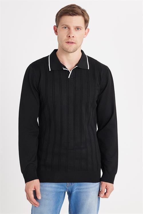 Erkek Slim Fit Dar Kesim Çizgi Detaylı Siyah Polo Yaka Kazak