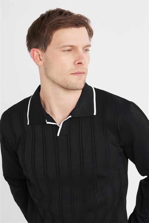 Erkek Slim Fit Dar Kesim Çizgi Detaylı Siyah Polo Yaka Kazak