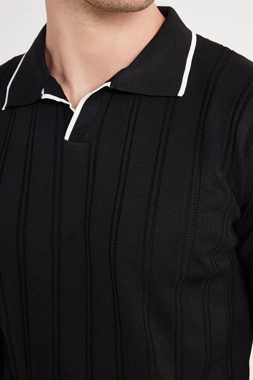 Erkek Slim Fit Dar Kesim Çizgi Detaylı Siyah Polo Yaka Kazak