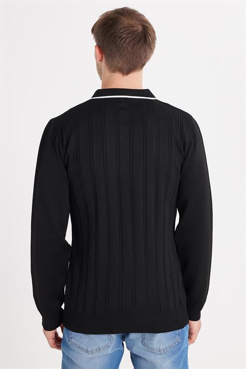 Erkek Slim Fit Dar Kesim Çizgi Detaylı Siyah Polo Yaka Kazak