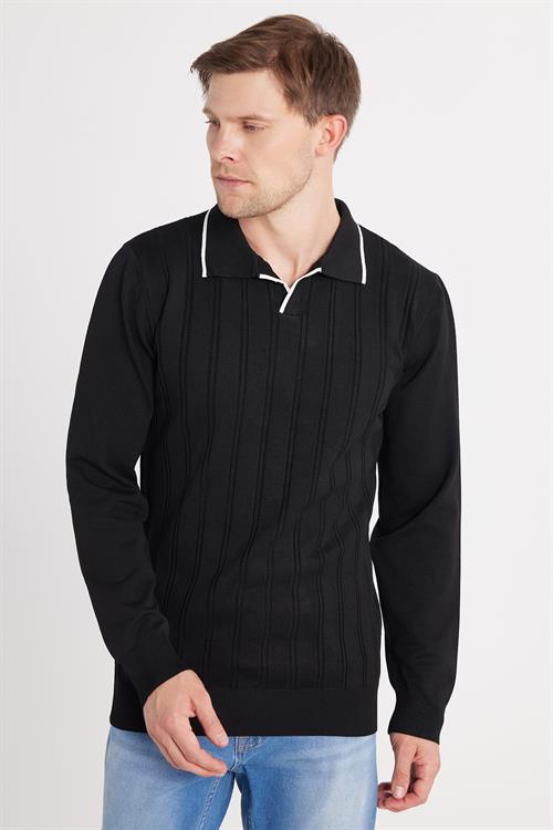 Erkek Slim Fit Dar Kesim Çizgi Detaylı Siyah Polo Yaka Kazak
