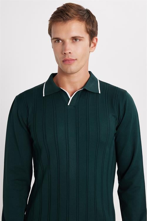 Erkek Slim Fit Dar Kesim Çizgi Detaylı Yeşil Polo Yaka Kazak