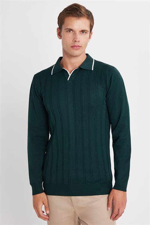 Erkek Slim Fit Dar Kesim Çizgi Detaylı Yeşil Polo Yaka Kazak