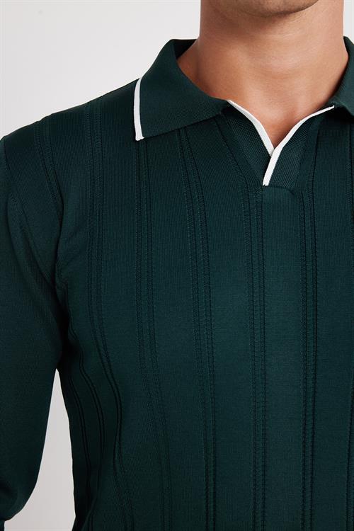 Erkek Slim Fit Dar Kesim Çizgi Detaylı Yeşil Polo Yaka Kazak
