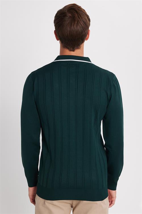 Erkek Slim Fit Dar Kesim Çizgi Detaylı Yeşil Polo Yaka Kazak
