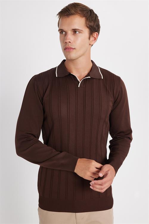 Erkek Slim Fit Dar Kesim Çizgi Detaylı Kahverengi Polo Yaka Kazak