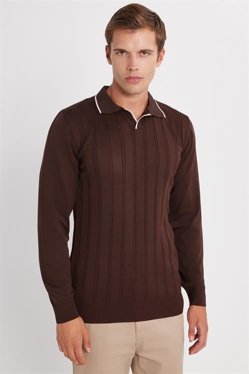 Erkek Slim Fit Dar Kesim Çizgi Detaylı Kahverengi Polo Yaka Kazak