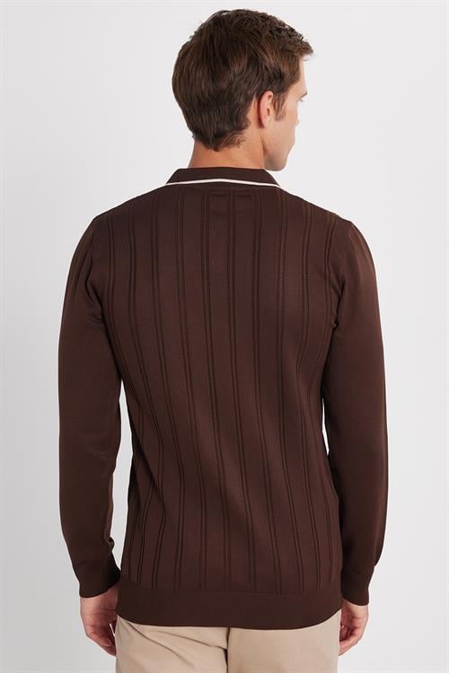 Erkek Slim Fit Dar Kesim Çizgi Detaylı Kahverengi Polo Yaka Kazak