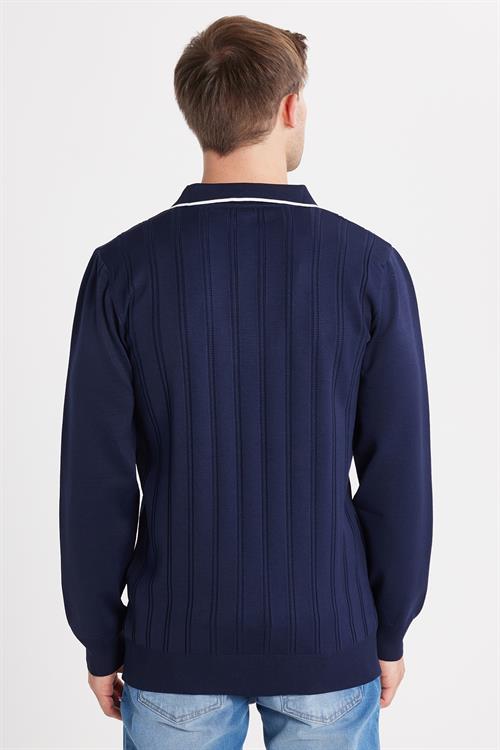 Erkek Slim Fit Dar Kesim Çizgi Detaylı Lacivert Polo Yaka Kazak