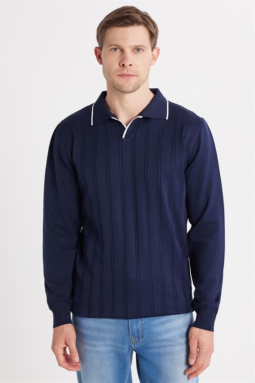 Erkek Slim Fit Dar Kesim Çizgi Detaylı Lacivert Polo Yaka Kazak