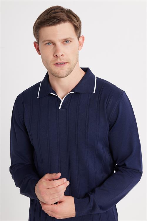 Erkek Slim Fit Dar Kesim Çizgi Detaylı Lacivert Polo Yaka Kazak