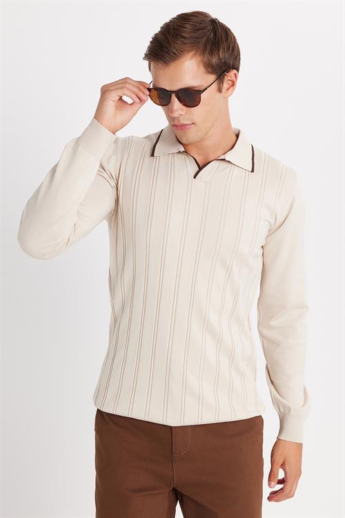 Erkek Slim Fit Dar Kesim Çizgi Detaylı Taş Polo Yaka Kazak