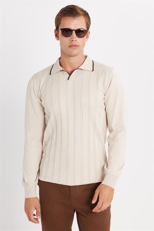 Erkek Slim Fit Dar Kesim Çizgi Detaylı Taş Polo Yaka Kazak