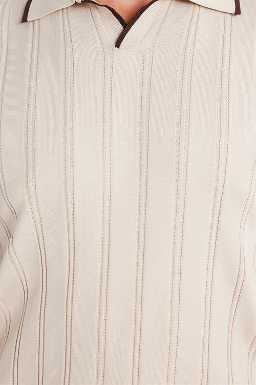 Erkek Slim Fit Dar Kesim Çizgi Detaylı Taş Polo Yaka Kazak