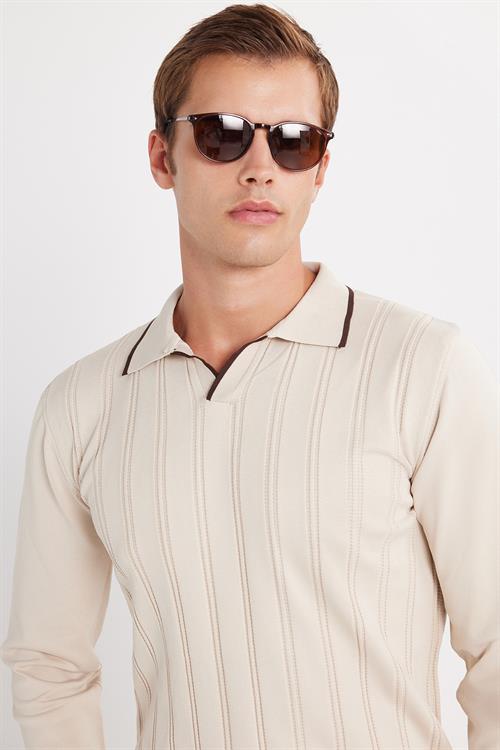 Erkek Slim Fit Dar Kesim Çizgi Detaylı Taş Polo Yaka Kazak