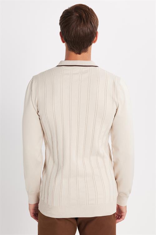 Erkek Slim Fit Dar Kesim Çizgi Detaylı Taş Polo Yaka Kazak