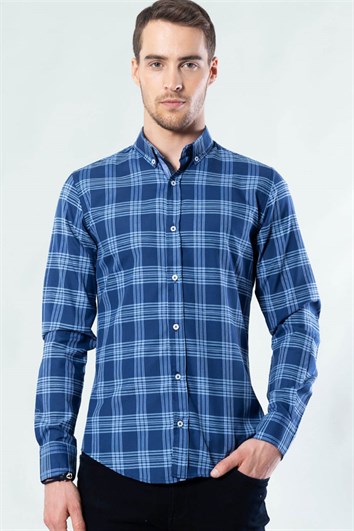 Slim Fit Uzun Kollu Düğmeli Yaka Kareli Pamuklu Kolay Ütü Erkek Gömlek