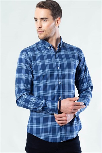 Slim Fit Uzun Kollu Düğmeli Yaka Kareli Pamuklu Kolay Ütü Erkek Gömlek