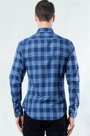 Slim Fit Uzun Kollu Düğmeli Yaka Kareli Pamuklu Kolay Ütü Erkek Gömlek