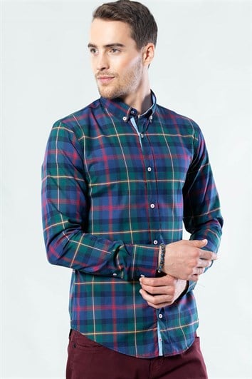 Slim Fit Uzun Kollu Düğmeli Yaka Kareli Pamuklu Kolay Ütü Erkek Gömlek