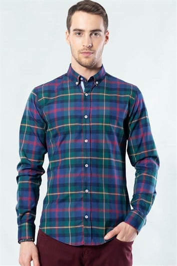 Slim Fit Uzun Kollu Düğmeli Yaka Kareli Pamuklu Kolay Ütü Erkek Gömlek