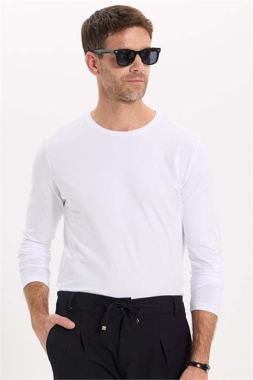 Erkek Slim Fit Dar Kesim Pamuklu Yumuşak Dokulu Bisiklet Yaka Likralı Beyaz Sweatshirt