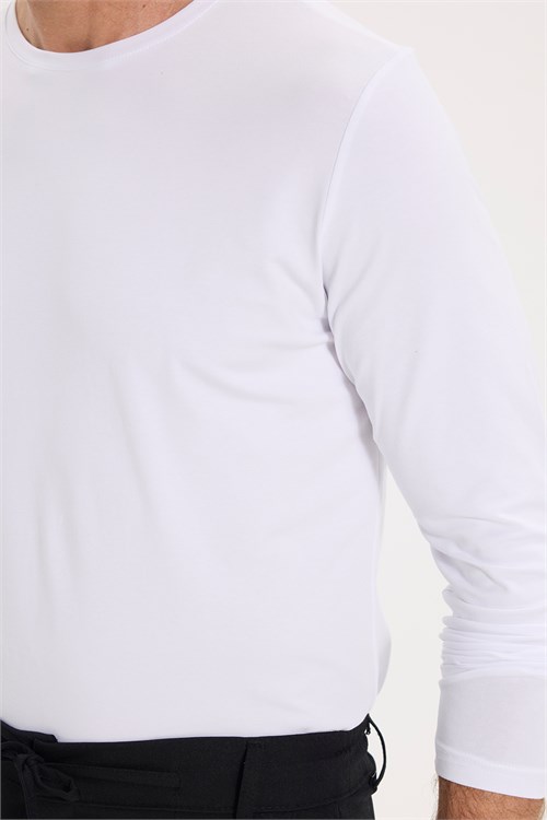 Erkek Slim Fit Dar Kesim Pamuklu Yumuşak Dokulu Bisiklet Yaka Likralı Beyaz Sweatshirt