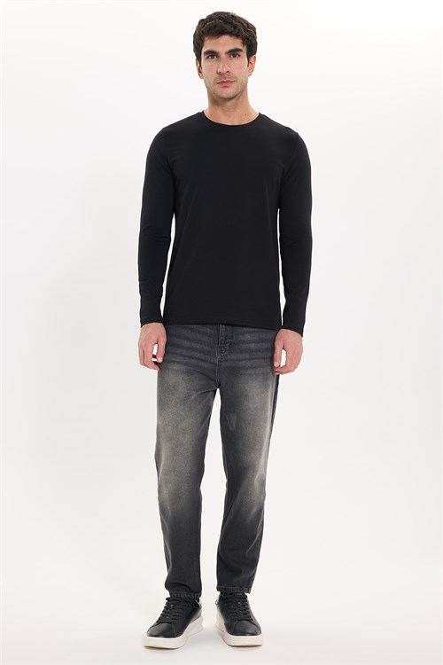 Erkek Slim Fit Dar Kesim Pamuklu Yumuşak Dokulu Bisiklet Yaka Likralı Siyah Sweatshirt