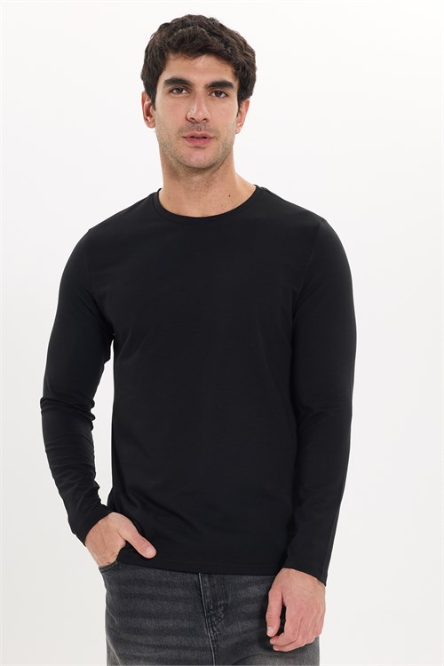 Erkek Slim Fit Dar Kesim Pamuklu Yumuşak Dokulu Bisiklet Yaka Likralı Siyah Sweatshirt