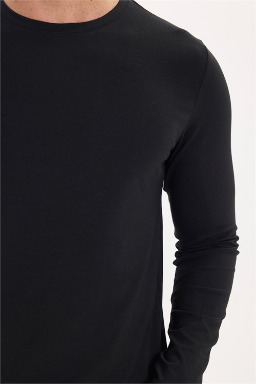 Erkek Slim Fit Dar Kesim Pamuklu Yumuşak Dokulu Bisiklet Yaka Likralı Siyah Sweatshirt