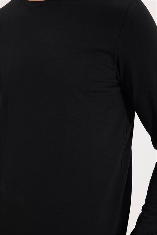 Erkek Slim Fit Dar Kesim Pamuklu Yumuşak Dokulu Bisiklet Yaka Likralı Siyah Sweatshirt