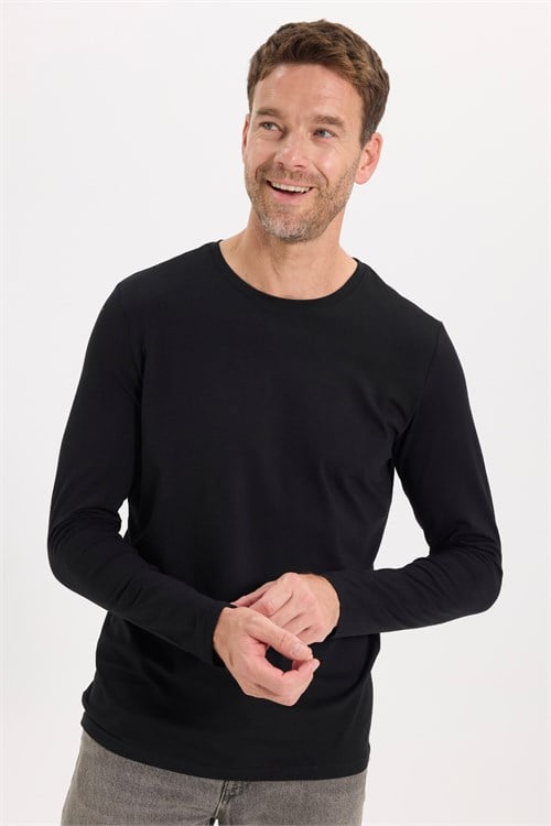 Erkek Slim Fit Dar Kesim Pamuklu Yumuşak Dokulu Bisiklet Yaka Likralı Siyah Sweatshirt