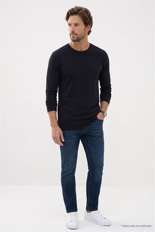 Erkek Slim Fit Dar Kesim Pamuklu Yumuşak Dokulu Bisiklet Yaka Likralı Siyah Sweatshirt
