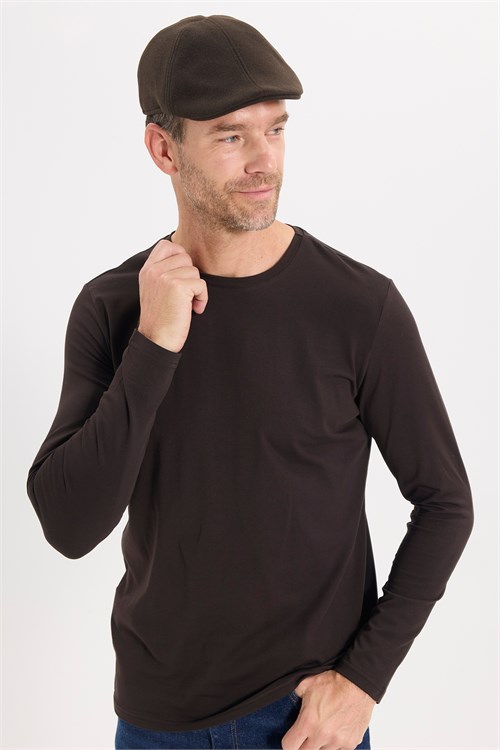 Erkek Slim Fit Dar Kesim Pamuklu Yumuşak Dokulu Bisiklet Yaka Likralı Kahverengi Sweatshirt