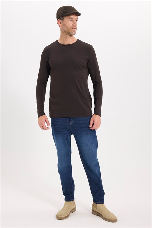 Erkek Slim Fit Dar Kesim Pamuklu Yumuşak Dokulu Bisiklet Yaka Likralı Kahverengi Sweatshirt