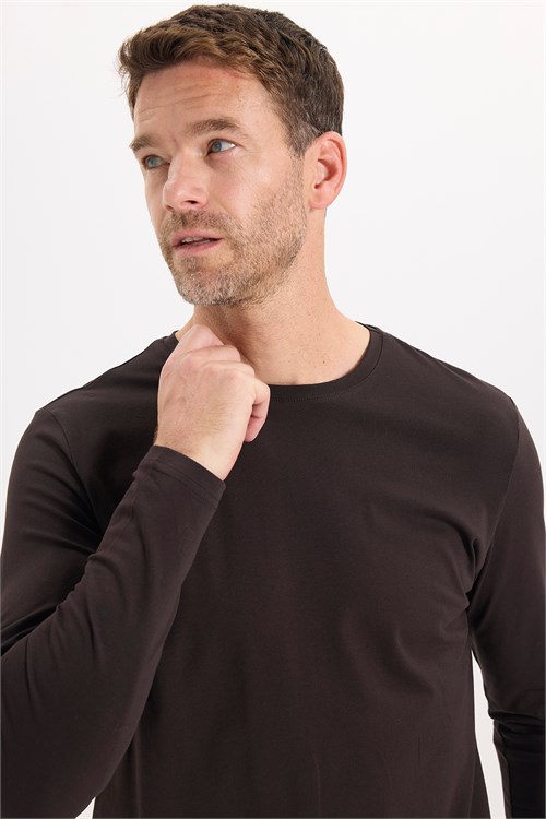 Erkek Slim Fit Dar Kesim Pamuklu Yumuşak Dokulu Bisiklet Yaka Likralı Kahverengi Sweatshirt