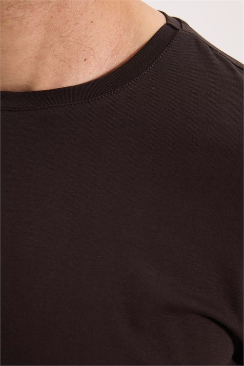 Erkek Slim Fit Dar Kesim Pamuklu Yumuşak Dokulu Bisiklet Yaka Likralı Kahverengi Sweatshirt