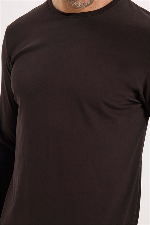 Erkek Slim Fit Dar Kesim Pamuklu Yumuşak Dokulu Bisiklet Yaka Likralı Kahverengi Sweatshirt