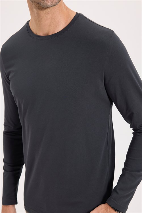 Erkek Slim Fit Dar Kesim Pamuklu Yumuşak Dokulu Bisiklet Yaka Likralı Gri Sweatshirt