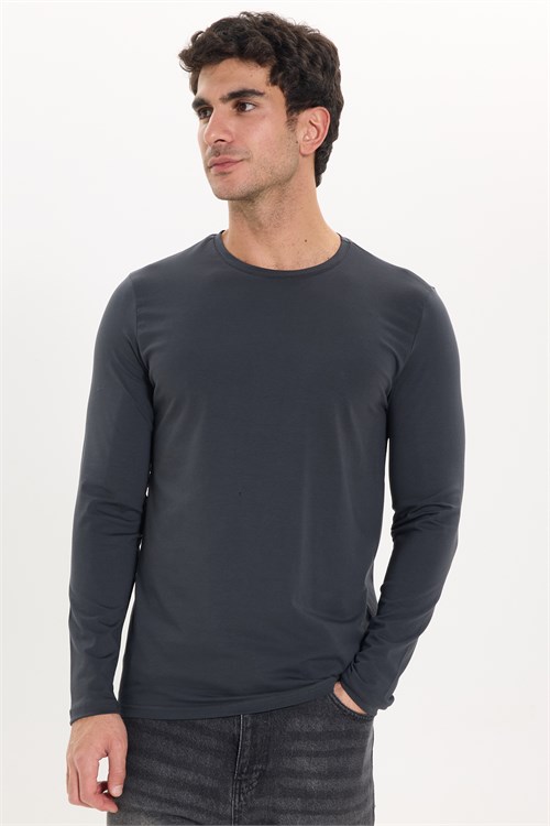 Erkek Slim Fit Dar Kesim Pamuklu Yumuşak Dokulu Bisiklet Yaka Likralı Gri Sweatshirt