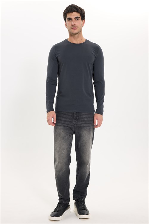 Erkek Slim Fit Dar Kesim Pamuklu Yumuşak Dokulu Bisiklet Yaka Likralı Gri Sweatshirt